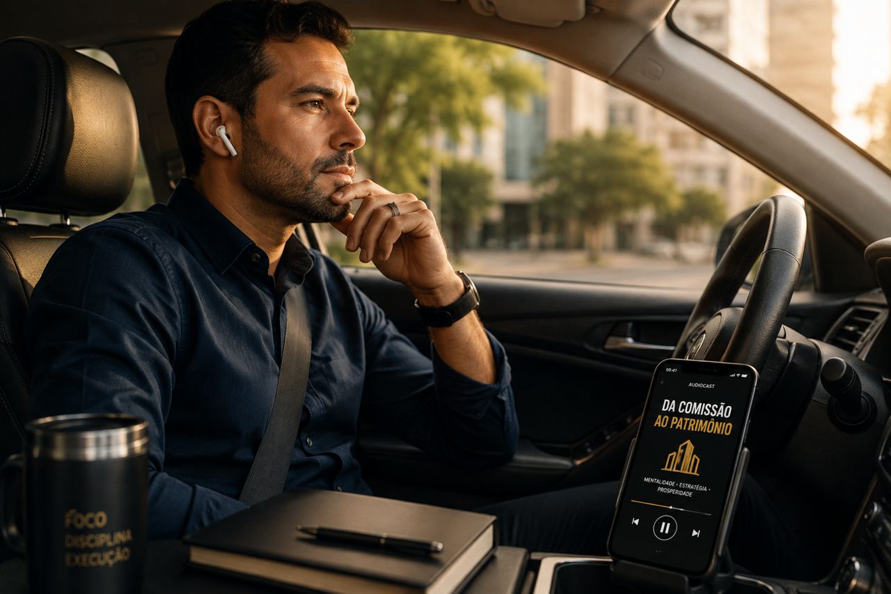 Corretor de imóveis ouvindo audiocast no carro entre visitas