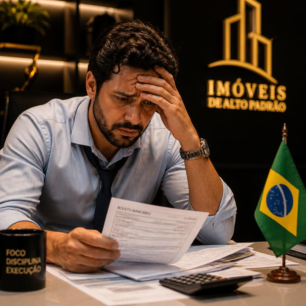 Corretor de imóveis olhando boletos com expressão frustrada